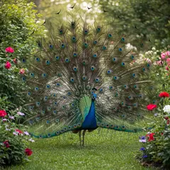 Imagen 3 — A peacock displaying its full tail feathers, vibra