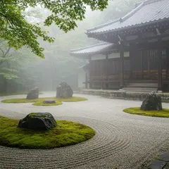 Imagen 3 — A Japanese zen garden with raked gravel, moss-cove