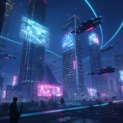 Imagen 3 — A futuristic city skyline with flying vehicles, sl