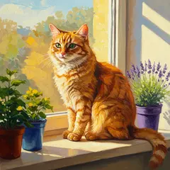 Imagen 3 — A cat sitting on a windowsill, impressionist oil p