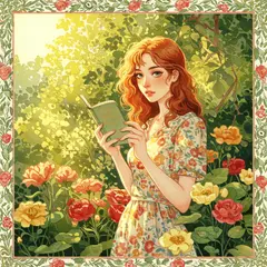 Imagen 3 — A woman reading a book in a garden, watercolor pai