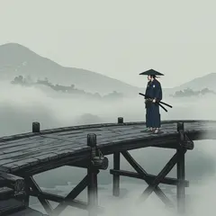 Imagen 3 — A lone samurai standing on a misty bridge, ukiyo-e