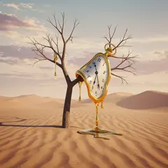 Imagen 3 — A surreal melting clock draped over a barren tree 