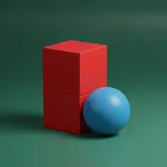 Imagen 3 — A red cube on top of a blue sphere, both sitting o