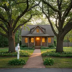 Imagen 3 — A small house between two tall trees, with a path 