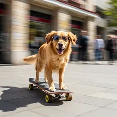 Imagen 3 — A dog wearing sunglasses riding a skateboard down 