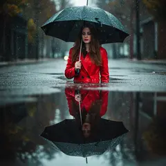 Imagen 3 — A woman holding an umbrella in the rain, reflected