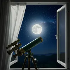 Imagen 3 — A telescope pointing at the moon through an open w