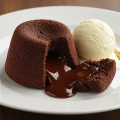 Imagen 3 — A dripping chocolate lava cake cut open on a white
