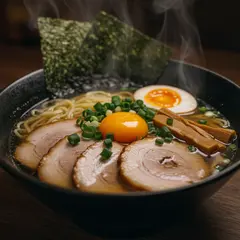 Imagen 3 — A steaming bowl of ramen with chashu pork, soft-bo