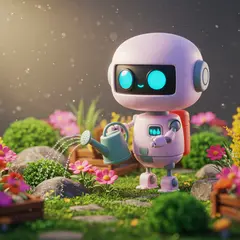 Imagen 3 — A 3D render of a cute robot watering plants in a m