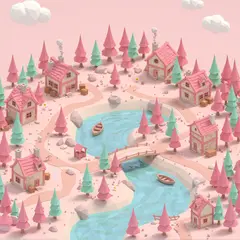 Imagen 3 — An isometric low-poly village with tiny houses, tr
