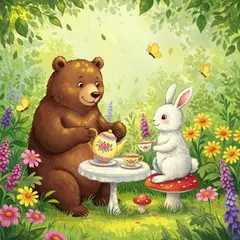 Imagen 3 — A children's book illustration of a bear and a rab