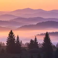 Imagen 3 — A misty mountain range at sunrise, layers of purpl