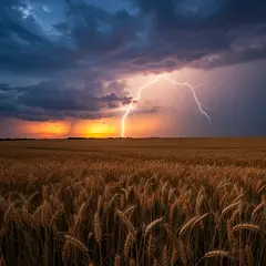Imagen 3 — A vast wheat field under a dramatic thunderstorm s