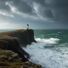 Imagen 3 — A coastal cliff with crashing waves below, lightho