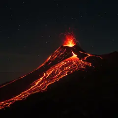 Imagen 3 — A volcano erupting at night with lava flowing down