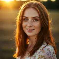 Imagen 3 — A young woman with freckles and green eyes, golden