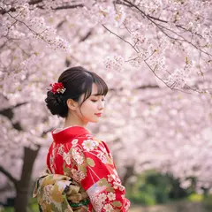 Imagen 3 — A Japanese woman in a red kimono standing under ch