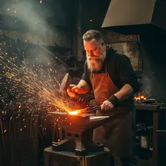 Imagen 3 — A bearded blacksmith in a dark workshop, sparks fl