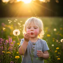 Imagen 3 — A child blowing dandelion seeds in a sunlit meadow
