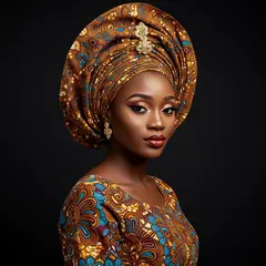Imagen 3 — A woman with elaborate gele headwrap and bold eye 