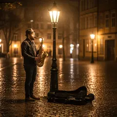 Imagen 3 — A street musician playing saxophone under a lamppo
