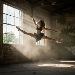 Imagen 3 — A ballet dancer mid-leap in an abandoned warehouse
