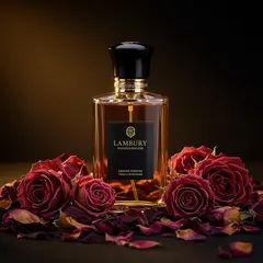 Imagen 3 — A bottle of amber perfume on a bed of dried roses,