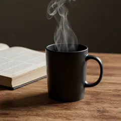 Imagen 3 — A matte black coffee mug with steam rising, placed