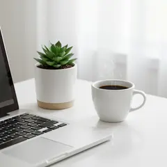 Imagen 3 — A sleek laptop on a clean white desk with a potted