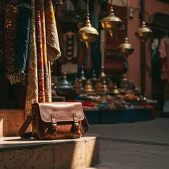 Imagen 3 — A leather messenger bag on a sun-dappled step in a