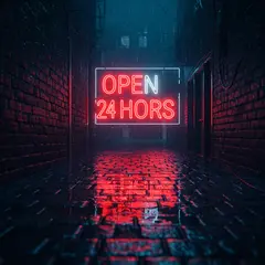Imagen 3 — A glowing neon sign reading OPEN 24 HOURS in a dar