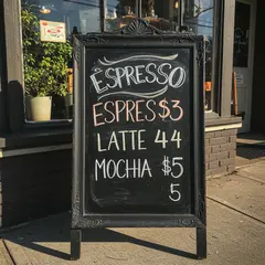 Imagen 3 — A hand-lettered chalkboard menu outside a coffee s