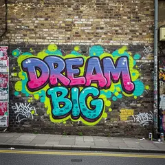 Imagen 3 — A graffiti mural on a brick wall spelling DREAM BI