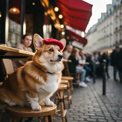 Imagen 4 Fast — A corgi wearing a red beret sitting in a Parisian 