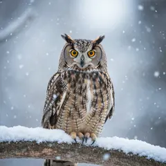 Imagen 4 Fast — An owl perched on a snow-covered branch, intense a