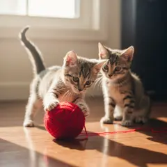 Imagen 4 Fast — Two kittens playing with a ball of red yarn on a h