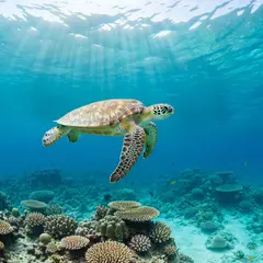 Imagen 4 Fast — A giant sea turtle swimming over a coral reef, und