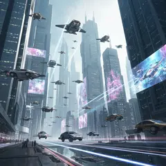 Imagen 4 Fast — A futuristic city skyline with flying vehicles, sl