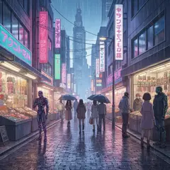 Imagen 4 Fast — A cyberpunk street market in Tokyo, anime style, n