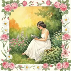 Imagen 4 Fast — A woman reading a book in a garden, watercolor pai