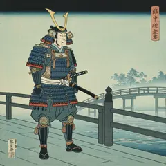 Imagen 4 Fast — A lone samurai standing on a misty bridge, ukiyo-e