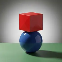 Imagen 4 Fast — A red cube on top of a blue sphere, both sitting o