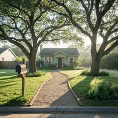 Imagen 4 Fast — A small house between two tall trees, with a path 
