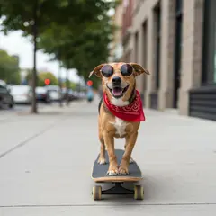 Imagen 4 Fast — A dog wearing sunglasses riding a skateboard down 