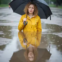 Imagen 4 Fast — A woman holding an umbrella in the rain, reflected