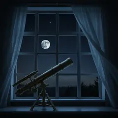 Imagen 4 Fast — A telescope pointing at the moon through an open w