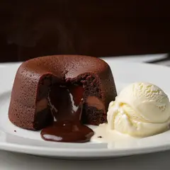 Imagen 4 Fast — A dripping chocolate lava cake cut open on a white