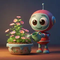 Imagen 4 Fast — A 3D render of a cute robot watering plants in a m